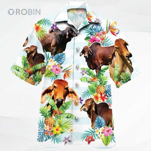 Red Brahman Cattle Lover Tropical Flower Hawaiian Shirts For Cow Lovers, Bull Cow 3D Hawaii Shirt