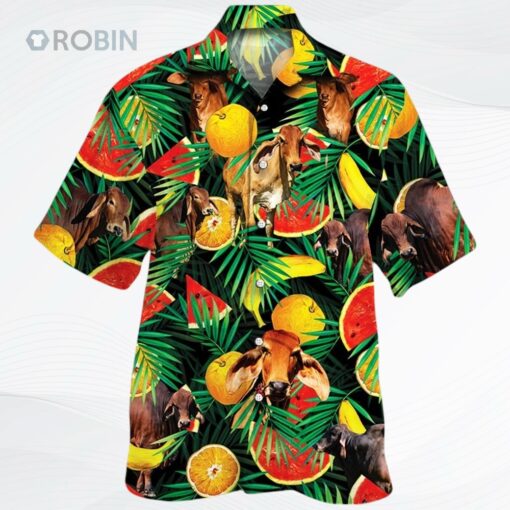 Red Brahman Cattle Lover Tropical Fruits Unisex Hawaiian Shirt, Bull Cow Hawaii Beach Shirt