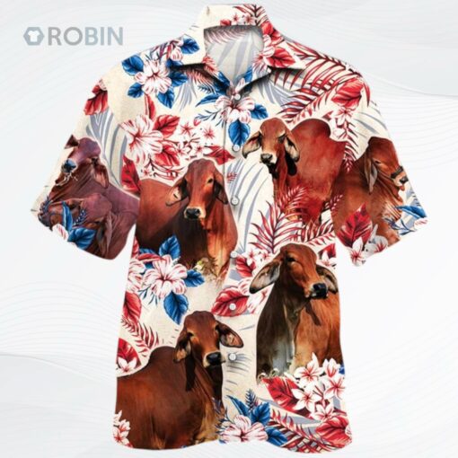 Red Brahman Cattle Lovers American Flag Hawaiian Shirt