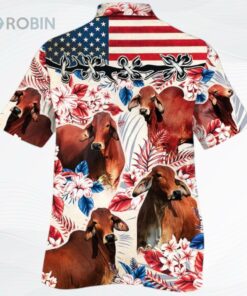 Red Brahman Cattle Lovers American Flag Hawaiian Shirt