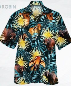 Red Brahman Cattle Lovers Blue And Yellow Plants Unisex Hawaiian Shirt, Red Brahman 3D Beach Aloha Shirt For Summer