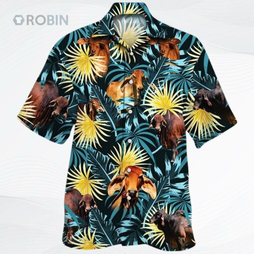 Red Brahman Cattle Lovers Blue And Yellow Plants Unisex Hawaiian Shirt, Red Brahman 3D Beach Aloha Shirt For Summer