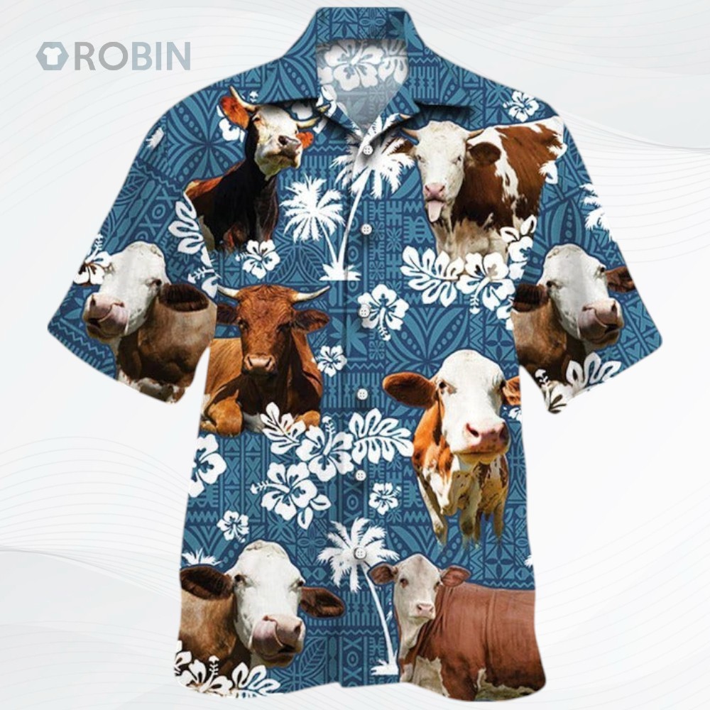 Simmental Cattle Lovers Blue Tribal Pattern Hawaiian Shirt Simmental Cattle Lovers Blue Tribal Pattern Hawaiian Shirt