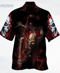 Skeleton Ripped Hawaiian Shirt Red Smoke Skulls Pattern Skeleton Ripped Hawaiian Shirt Red Smoke Skulls Pattern