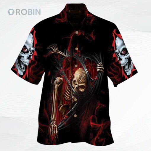 Skeleton Ripped Hawaiian Shirt Red Smoke Skulls Pattern