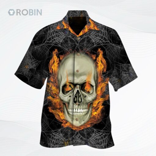 Skull On Fire Cobweb Hawaiian Shirt, Best Hawaii Shirt For Skull Lover
