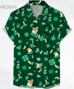 St. Patrick’s Day Button Down Irish Shirt Short Sleeve Casual Shirt Green Shamrock Printed Aloha Shirts Tops Clover Printed Shirt