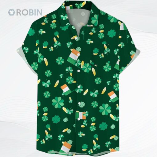 St. Patrick’s Day Button Down Irish Shirt Short Sleeve Casual Shirt Green Shamrock Printed Aloha Shirts Tops Clover Printed Shirt