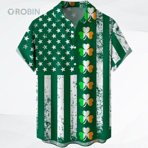 St. Patrick’s Day Button Down Shirt Short Sleeve Casual Shirt Green Shamrock Aloha Shirts