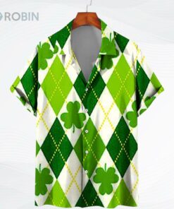 St.Patricks Day Hawaiian Bowling Shirts for Men Short Sleeve Shamrock Printed Beach Casual Aloha Shirt Clover Printed Shirt