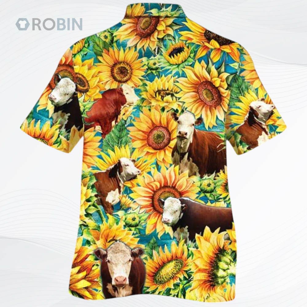 Sunflower Hereford Cattle Hawaiian Shirt Sunflower Hereford Cattle Hawaiian Shirt