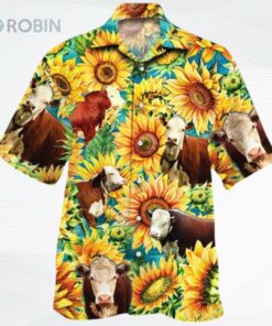 Sunflower Hereford Cattle Hawaiian Shirt Sunflower Hereford Cattle Hawaiian Shirt