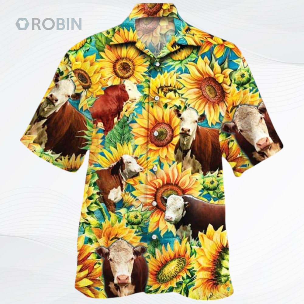 Sunflower Hereford Cattle Hawaiian Shirt Sunflower Hereford Cattle Hawaiian Shirt