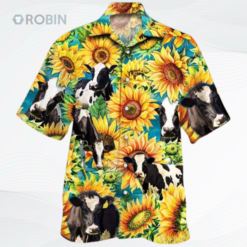 Sunflower Holstein Friesian Cattle Hawaiian Shirt Sunflower Holstein Friesian Cattle Hawaiian Shirt
