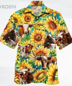 Sunflower Texas Longhorn Cattle Hawaiian Shirt