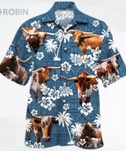 Texas Longhorn Cattle Lovers Blue Tribal Hawaiian Shirt