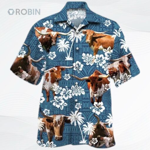 Texas Longhorn Cattle Lovers Blue Tribal Hawaiian Shirt