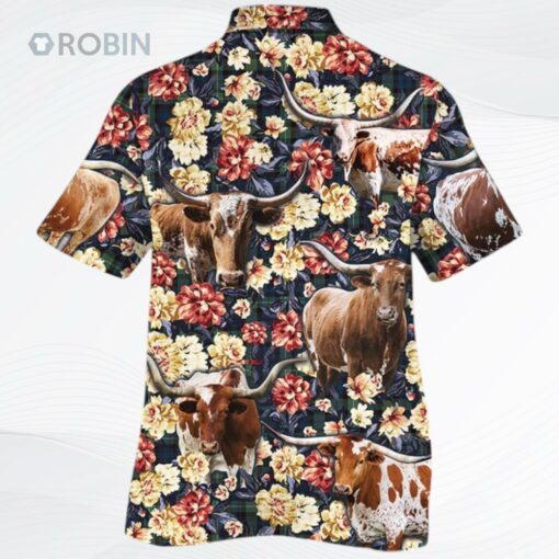 Texas Longhorn Cattle Lovers Green Plaid Pattern Hawaiian Shirt