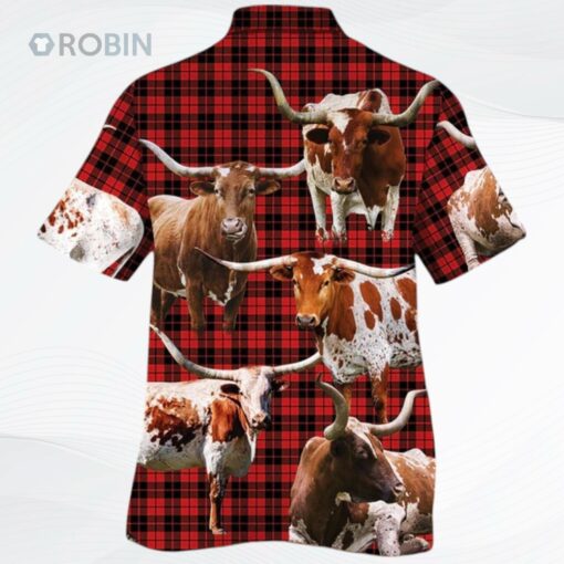 Texas Longhorn Cattle Lovers Red Tartan Pattern Hawaiian Shirt