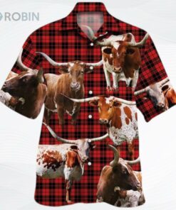 Texas Longhorn Cattle Lovers Red Tartan Pattern Hawaiian Shirt