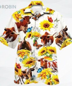 Texas Longhorn Cattle Lovers Sun Flower Hawaiian Shirt, Cow Aloha Hawaiian Shirt