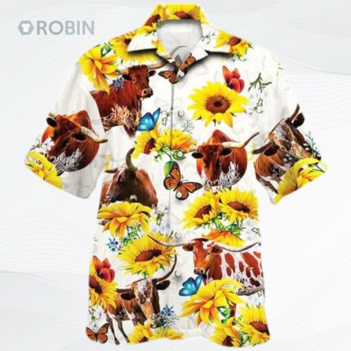 Texas Longhorn Cattle Lovers Sun Flower Hawaiian Shirt, Cow Aloha Hawaiian Shirt