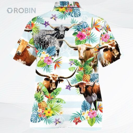 Texas Longhorn Cattle Lovers Tropical Flower Hawaiian Shirt