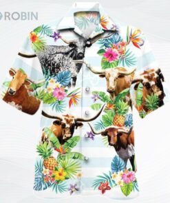 Texas Longhorn Cattle Lovers Tropical Flower Hawaiian Shirt