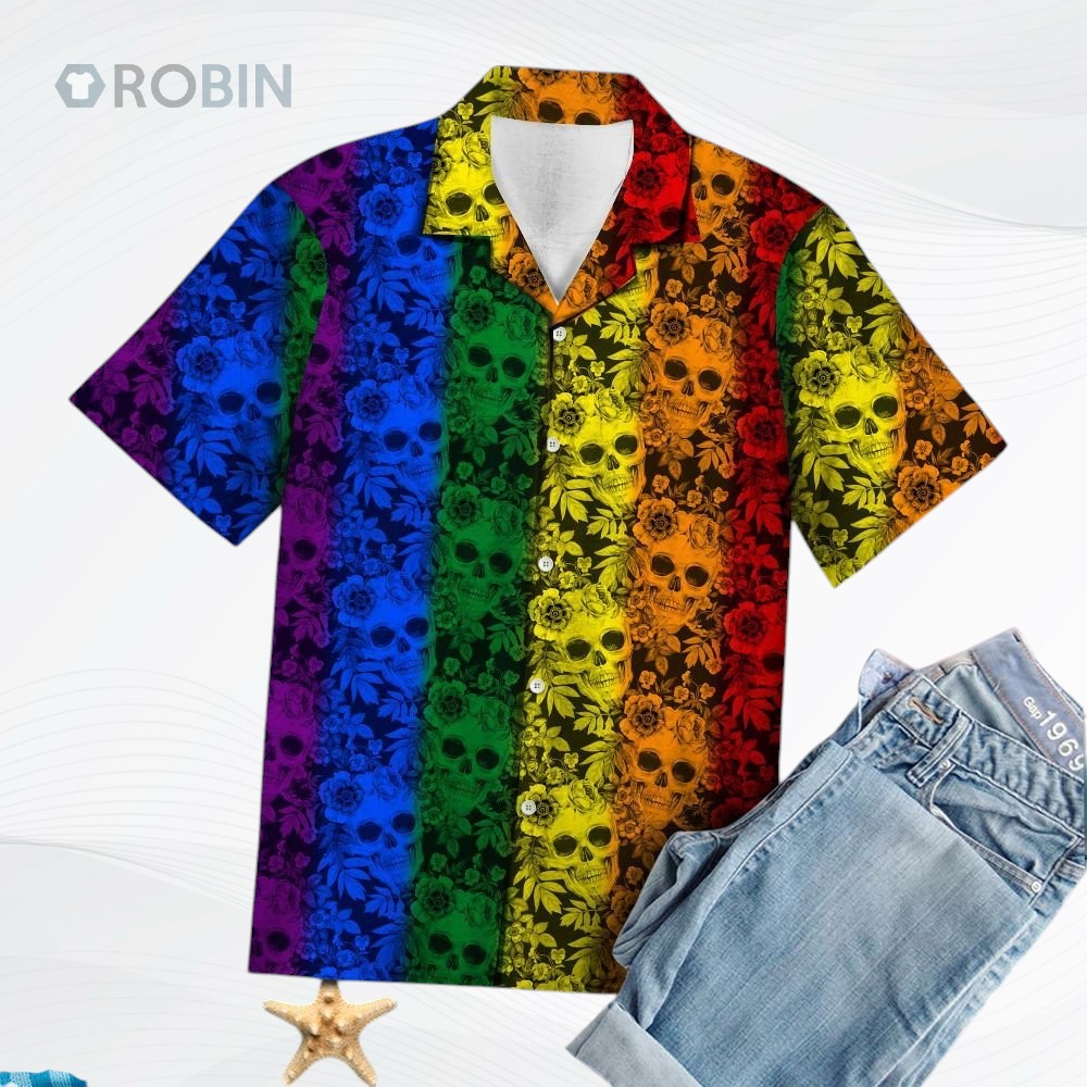 Tropical Plants And Skull Lgbt Color Striped Pattern Hawaiian Shirt, Gay Pride 3D Shirt Tropical Plants And Skull Lgbt Color Striped Pattern Hawaiian Shirt, Gay Pride 3D Shirt