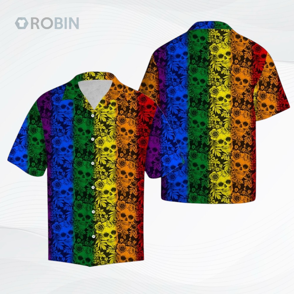 Tropical Plants And Skull Lgbt Color Striped Pattern Hawaiian Shirt, Gay Pride 3D Shirt Tropical Plants And Skull Lgbt Color Striped Pattern Hawaiian Shirt, Gay Pride 3D Shirt
