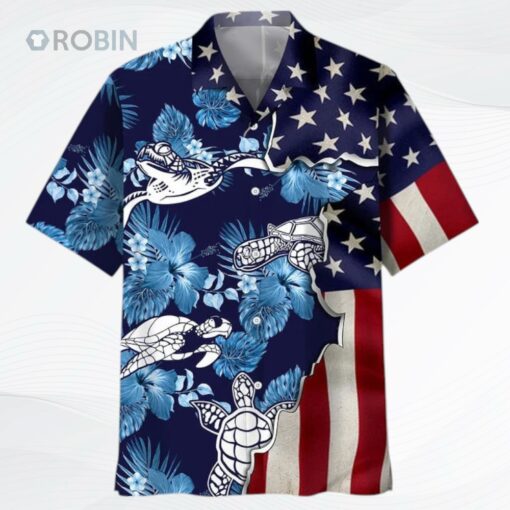 Turtle Tropical Us Flag Hawaiian Shirt, Summer Hawaii Turtle Beach Shirt, Animal Hawaiian Shirts