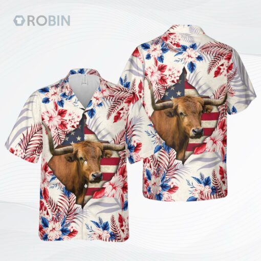 Tx Longhorn Face Hibiscus Flower All Over Printed 3D Hawaiian Shirt