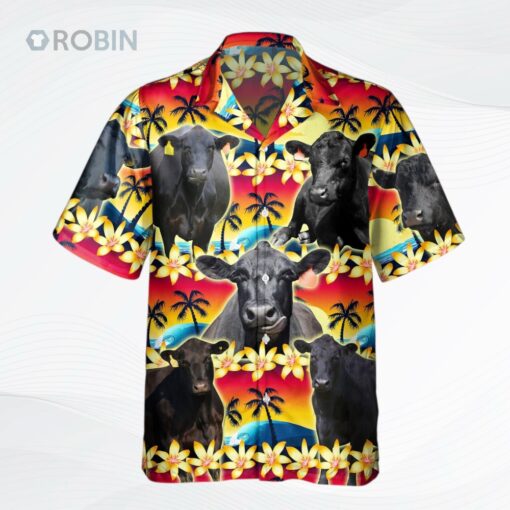 Vintage Black Angus Hawaiian Shirt Tropical Sunset Hibiscus And Palm Tree Hawaiian Shirt