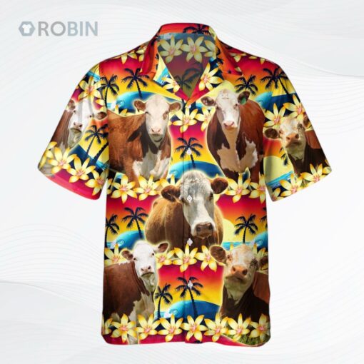 Vintage Hereford Tropical Sunset Hibiscus And Palm Tree Hawaiian Shirt Farm Aloha Beach Shirt