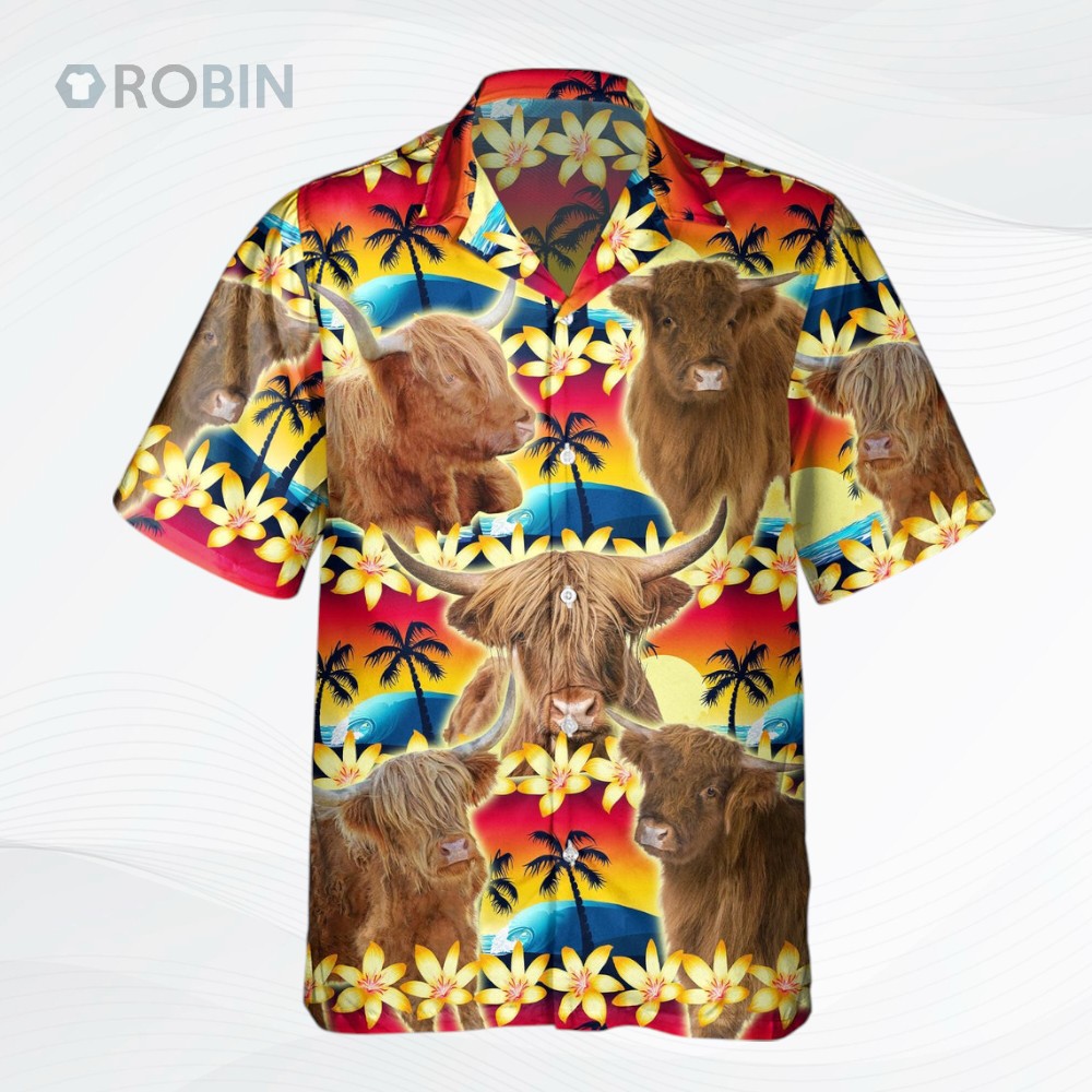 Vintage Highland Tropical Sunset Hibiscus And Palm Tree 3D Hawaiian Shirt Vintage Highland Tropical Sunset Hibiscus And Palm Tree 3D Hawaiian Shirt