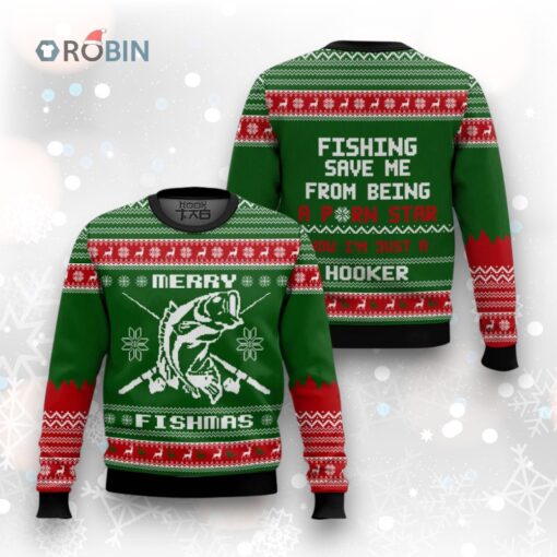 Bass Fishing Merry Fishmas Ugly Christmas Sweater pattern Long Sleeve Fishing Shirts, Christmas Fishing gifts