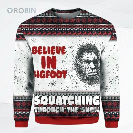 Believe In Bigfoot Squat Ching Through The Snow Ugly Christmas Sweater