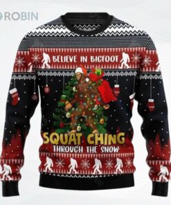 Believe In Bigfoot Squatching Through Snow Ugly Christmas Sweater, Sweatshirt