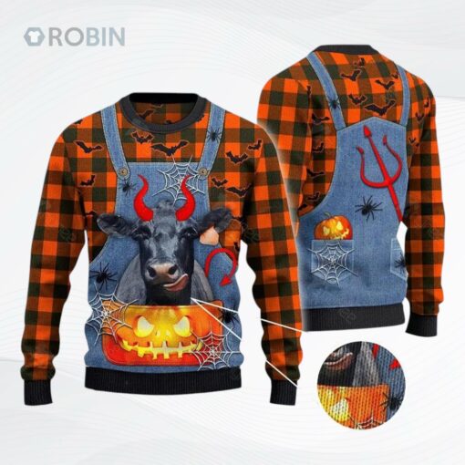 Black Angus Cattle Lovers Halloween Costume Denim Bib Ugly Christmas Sweater, Sweatshirt