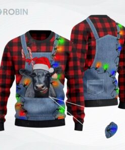 Black Angus Cattle Lovers Red Plaid And Denim Big Womens Ugly Christmas Sweater, Sweatshirt