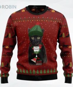 Black Cat Coffee All Over Printed Ugly Christmas Sweater