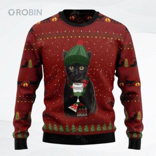 Black Cat Coffee All Over Printed Ugly Christmas Sweater