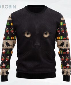 Black Cat Cute Face Ugly Christmas Sweater, Sweatshirt