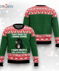 Black Cat Drink Coffee Ugly Christmas Sweater
