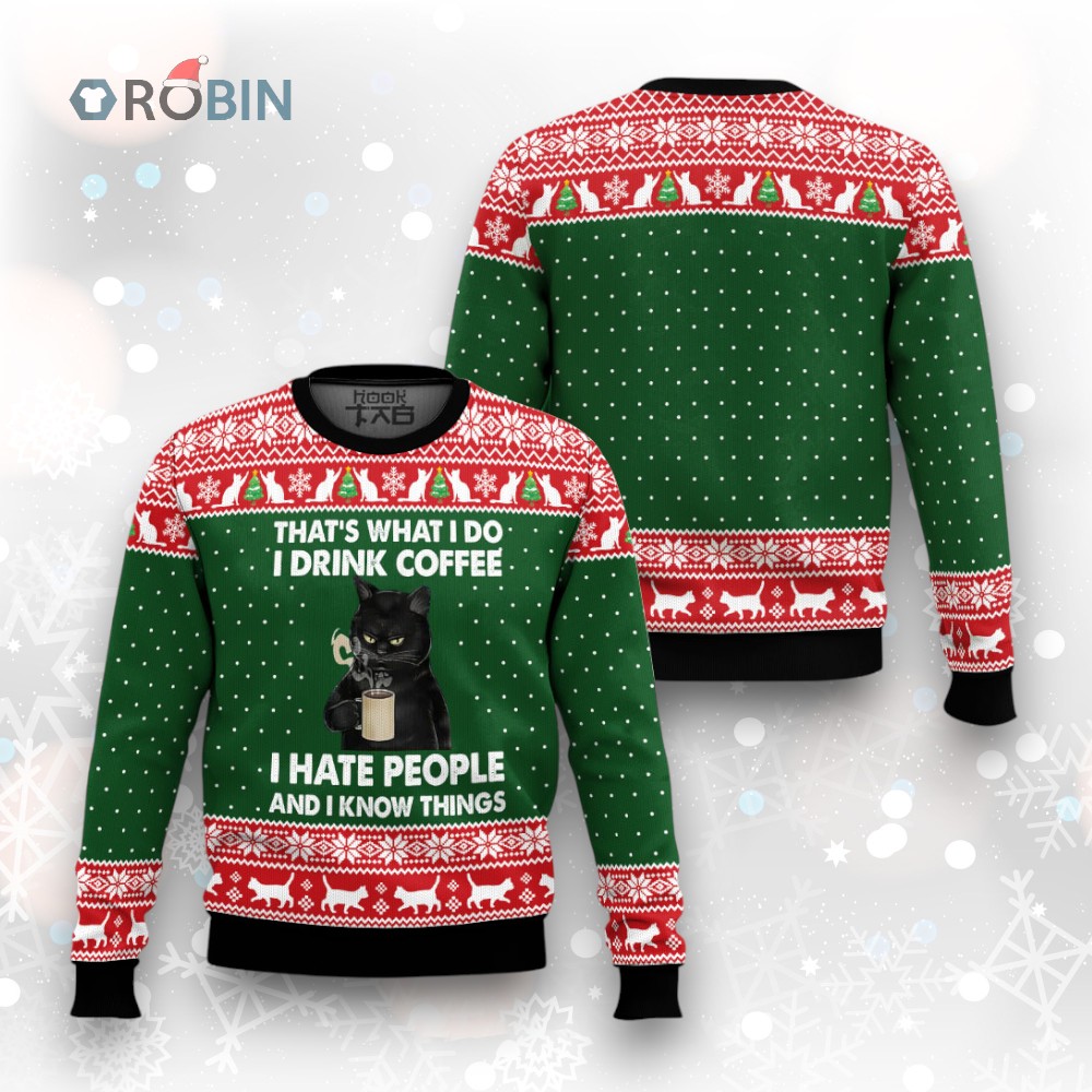 Black Cat Drink Coffee Ugly Christmas Sweater Black Cat Drink Coffee Ugly Christmas Sweater