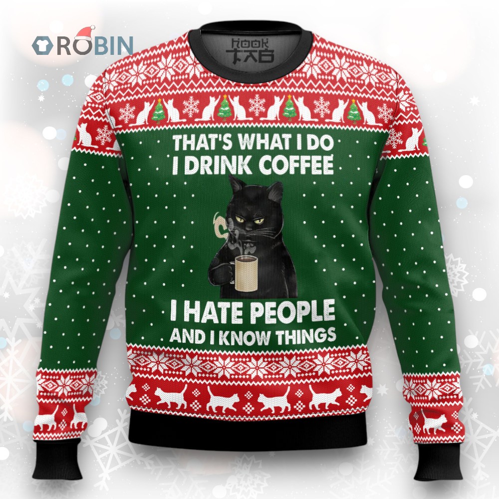 Black Cat Drink Coffee Ugly Christmas Sweater Black Cat Drink Coffee Ugly Christmas Sweater