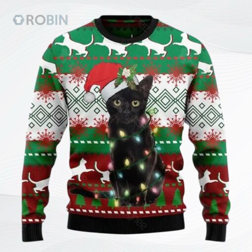 Black Cat Light Christmas Christmas Ugly Christmas Sweater, Sweatshirt