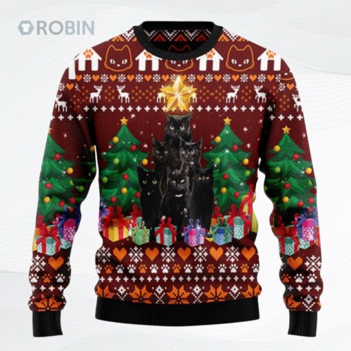 Black Cat Pine Tree Christmas Ugly Christmas Sweater