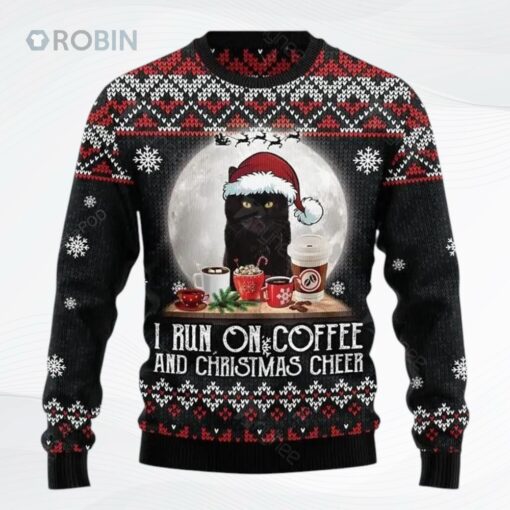 Black Cat Run On Coffee Ugly Christmas Sweater, Sweatshirt