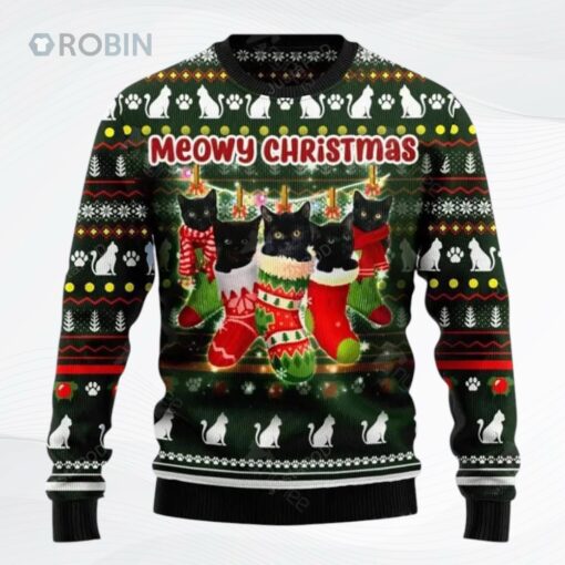 Black Cat Socks Meowy Christmas Ugly Christmas Sweater, Sweatshirt